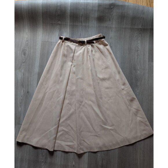 Vintage Cottage Tailor Beige Pleated Skirt With Brown Belt & Gold Chain Accent M - Picture 4 of 6